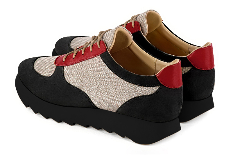 Matt black, natural beige and cardinal red women's three-tone elegant sneakers. Round toe. Low rubber soles. Rear view - Florence KOOIJMAN